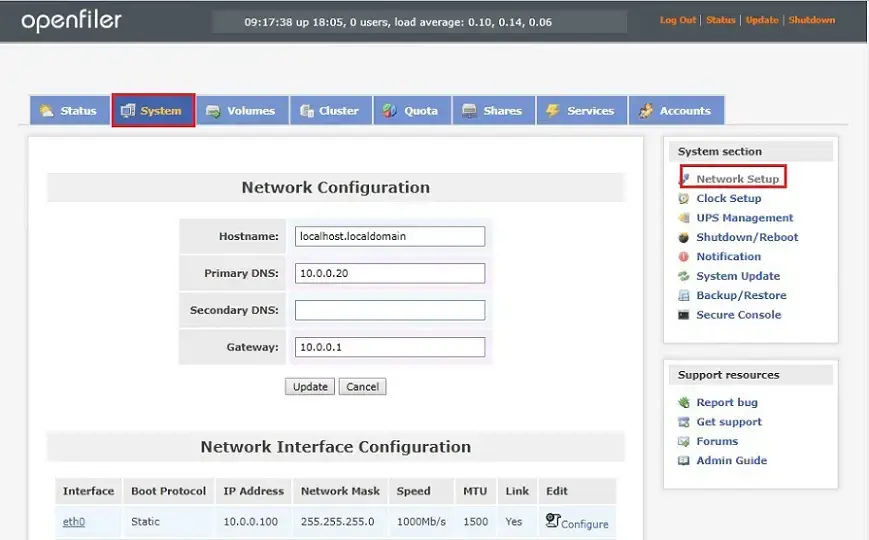 configure openfiler network setup