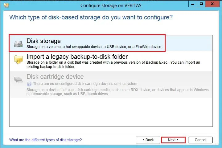 configure disk storage on veritas