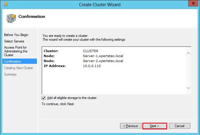 create failover cluster wizard confirmation