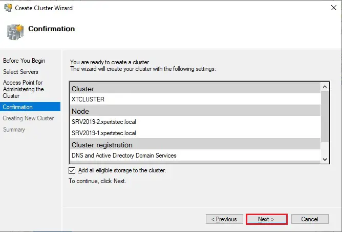 create cluster wizard confirmation