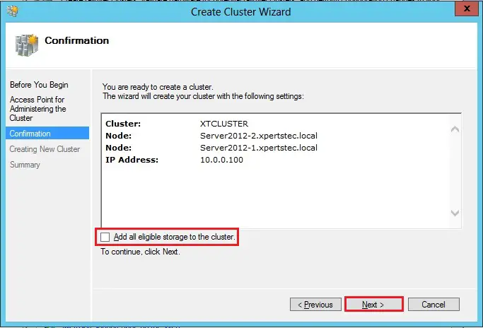 create cluster wizard confirmation