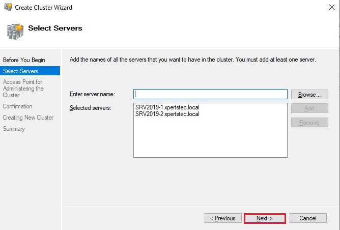 create cluster select servers 2019