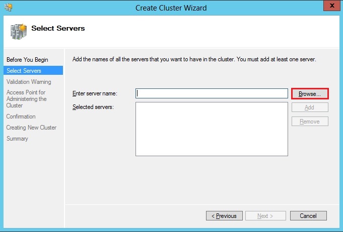 create failover cluster wizard select servers