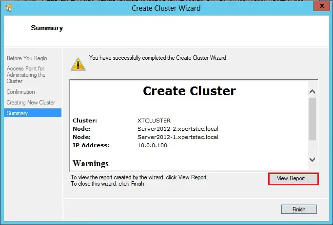 create failover cluster wizard summary