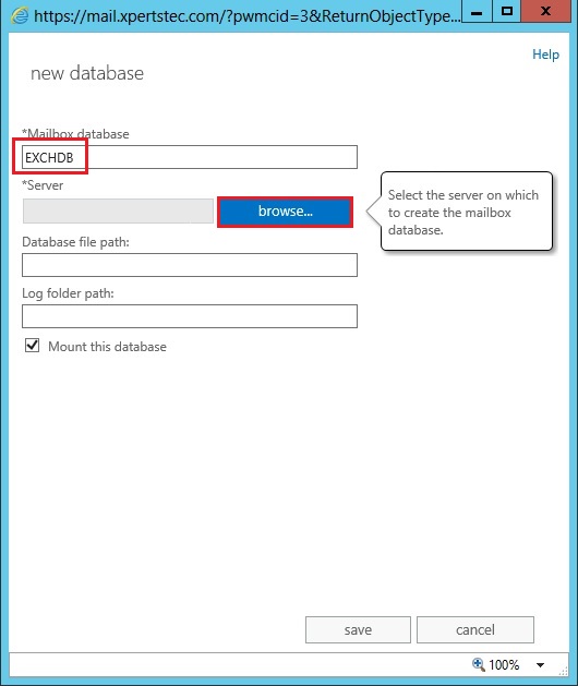 create new database exchange 2013