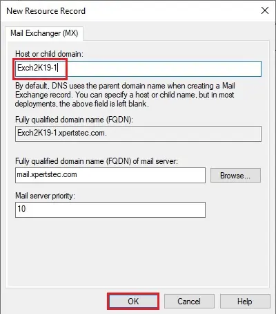 create new mail exchange mx record