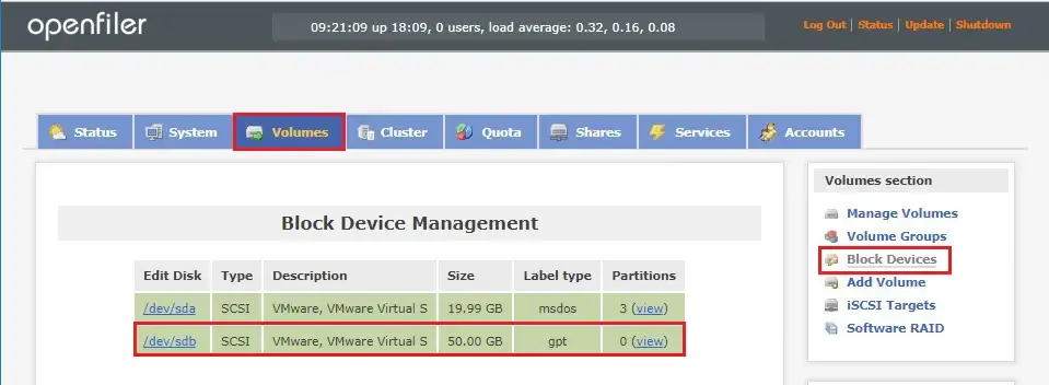 create partition openfiler