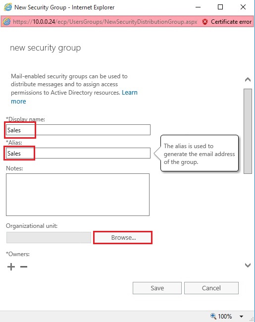create security group exchange 2019
