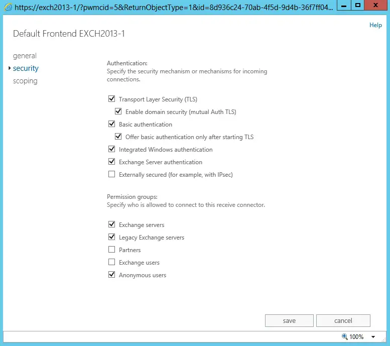 default frontend security exchange 2013
