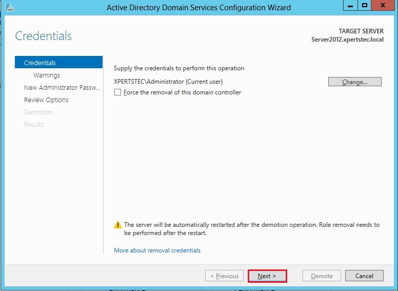 demote this domain controller credentials