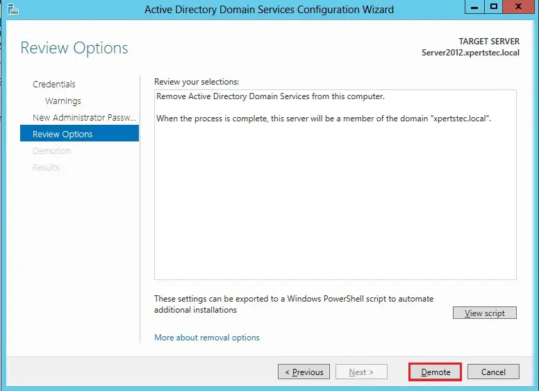 demote this domain controller review options