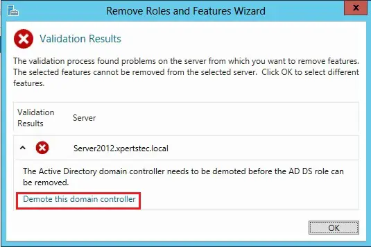 demote this domain controller validation results