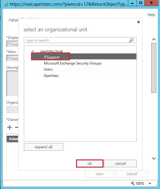 distribution group select organizational unit