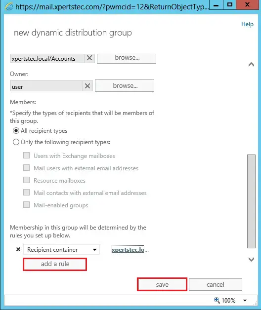 dynamic distribution group recipient container