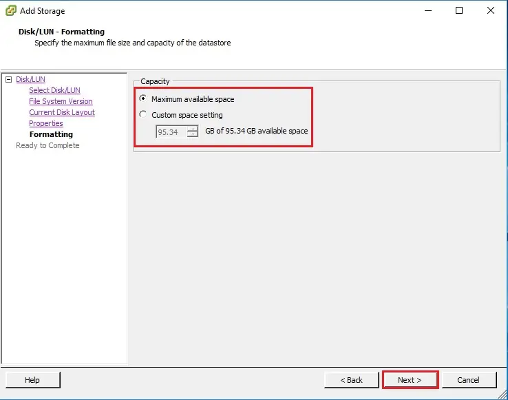 esxi disk lun capacity