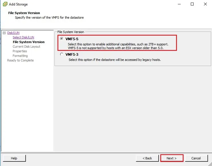 esxi file system version