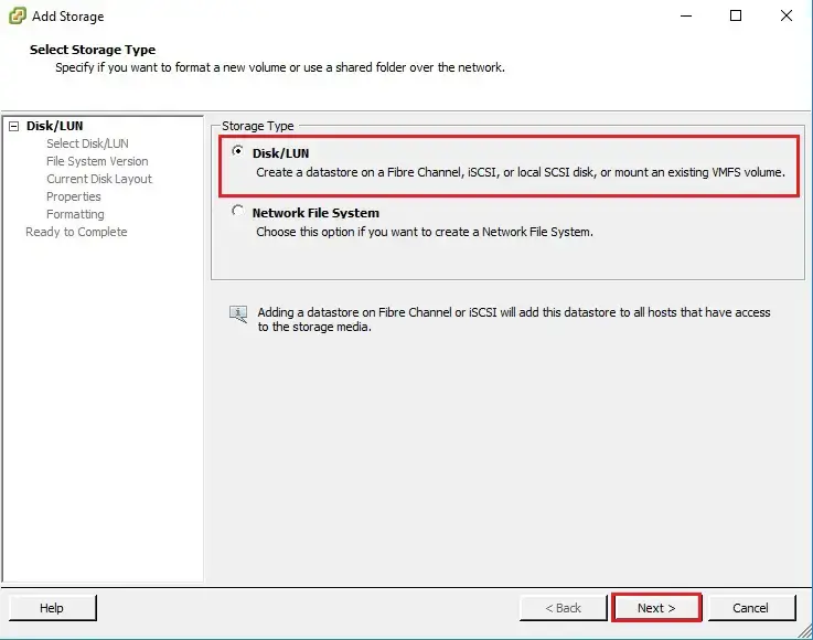 esxi select storage type