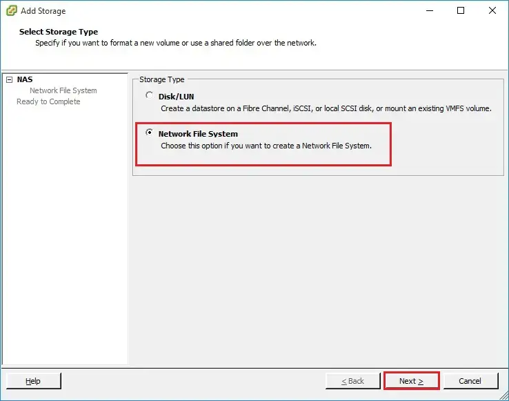 esxi select nfs storage type