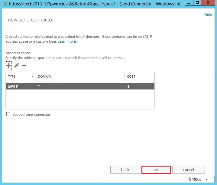 exchange 2013 create new send connector