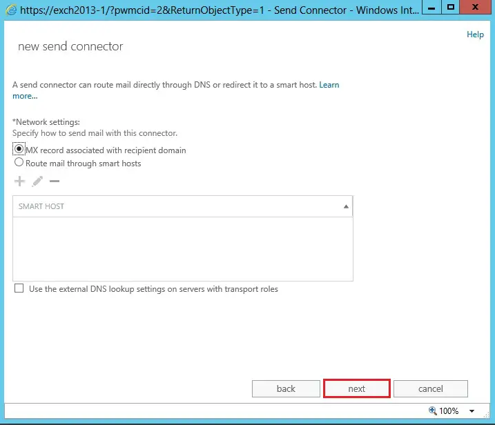 exchange 2013 create new send connector