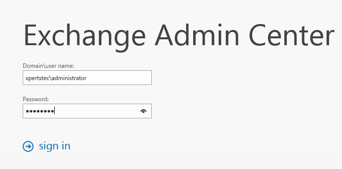 exchange admin center user domain login