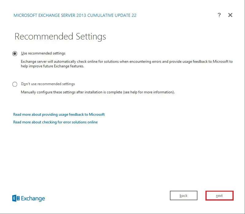 install exchange 2013 recommended settings