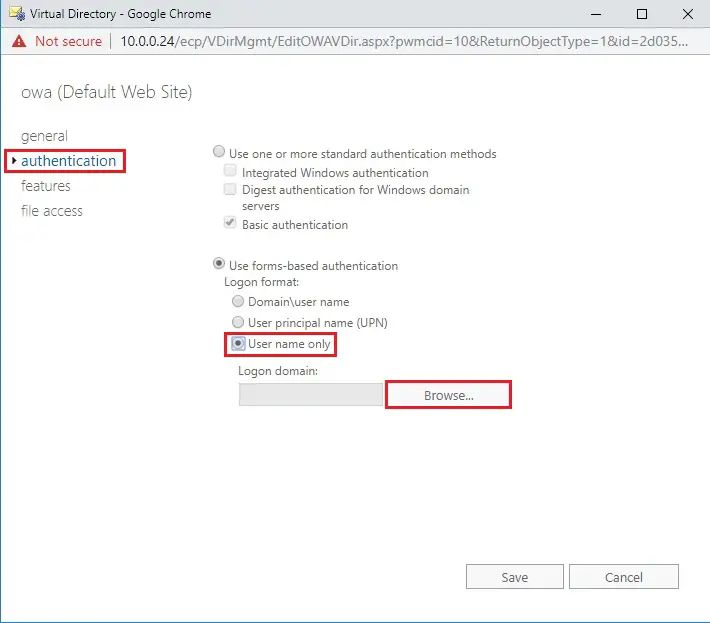 exchange outlook authentication settings