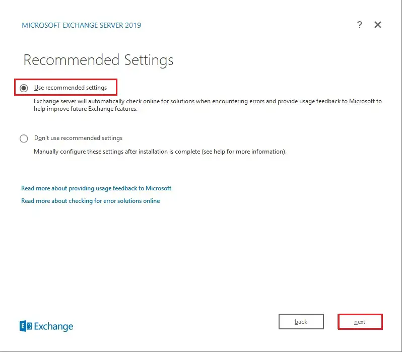 exchange 2019 recommended settings