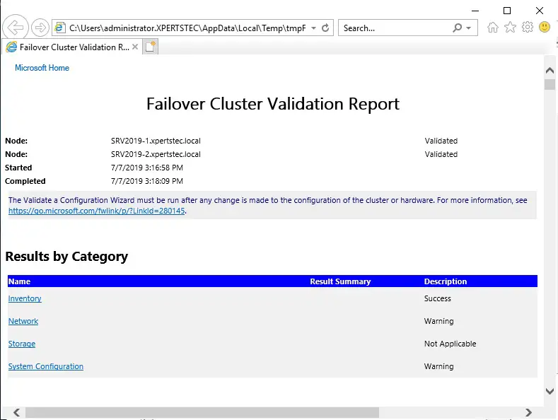 failover cluster validation report
