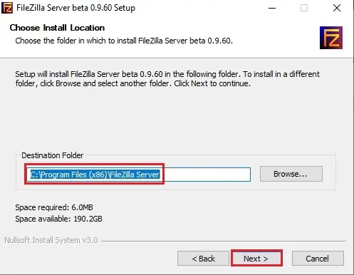 filezilla choose installation location