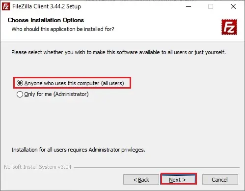 filezilla client installation options