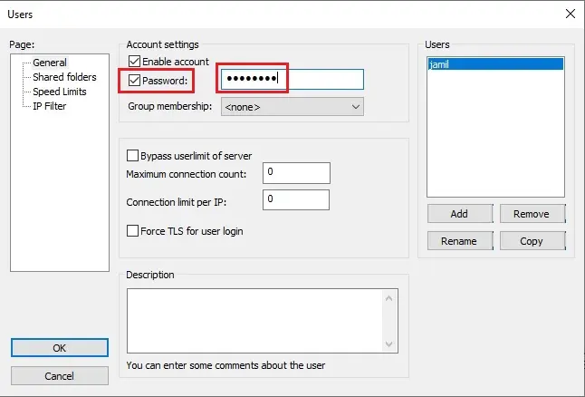 filezilla server account settings