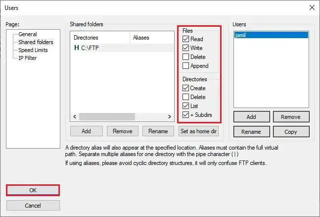 filezilla server folder permission