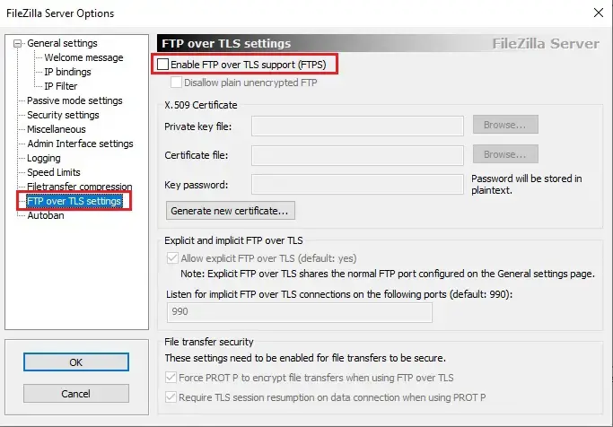 filezilla server ftp server tls settings