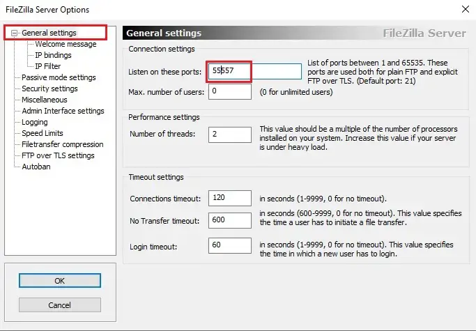 filezilla server general settings