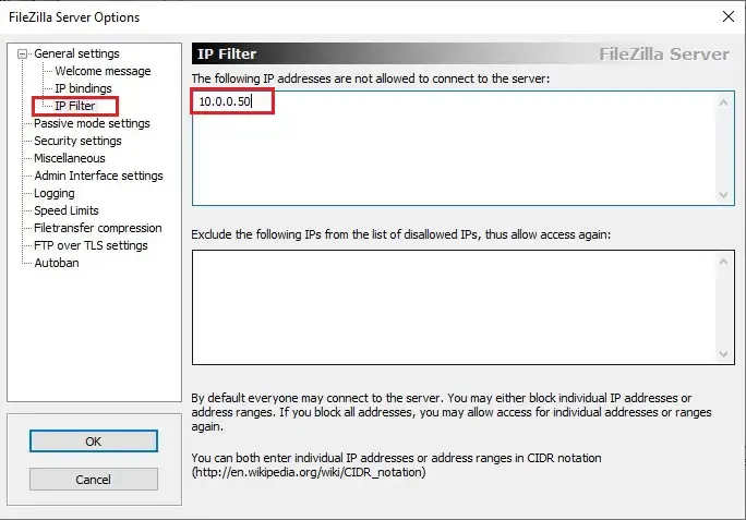 filezilla server ip filter