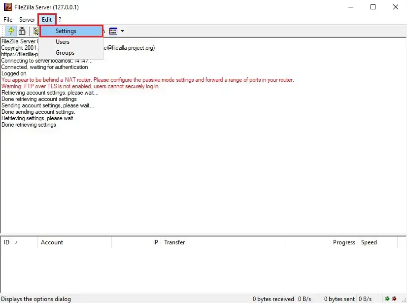 filezilla server settings