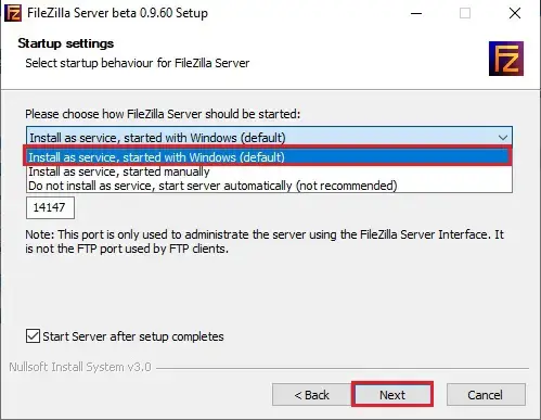 filezilla setup startup settings