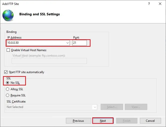 ftp site binding ssl settings