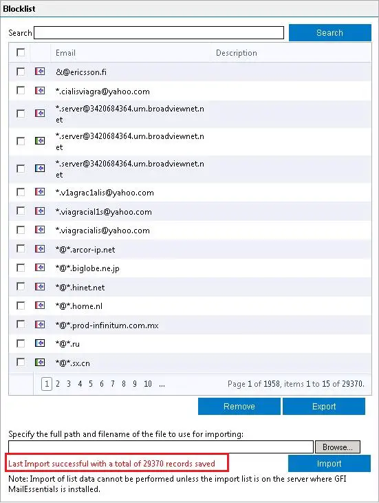 gfi mailessentials import email blocklist