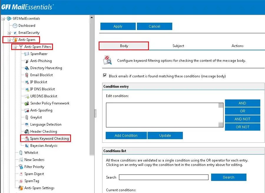 gfi mailesssentials spam keyword checking