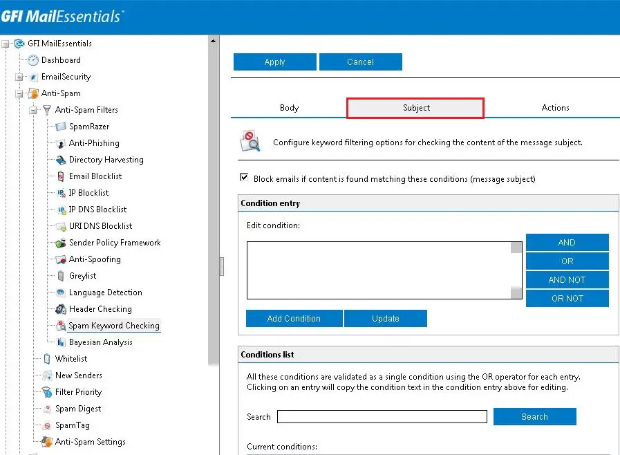 Spam Keyword Checking, Export &#038; Import Spam Keyword Checking GFI MailEssentials Configuration