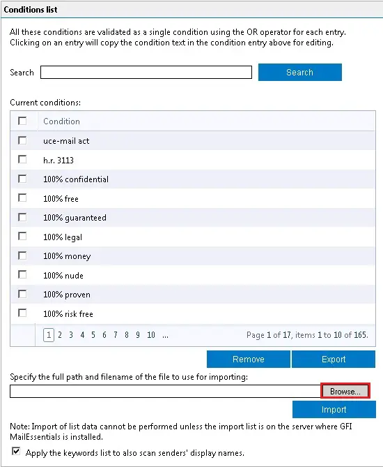 gfi spam keyword import