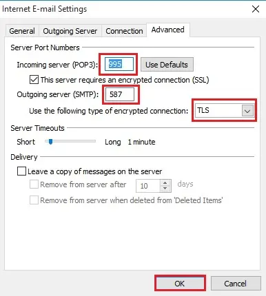 gmail POP3 port for outlook