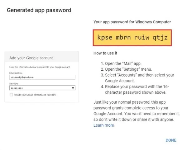 gmail app password for windows computer