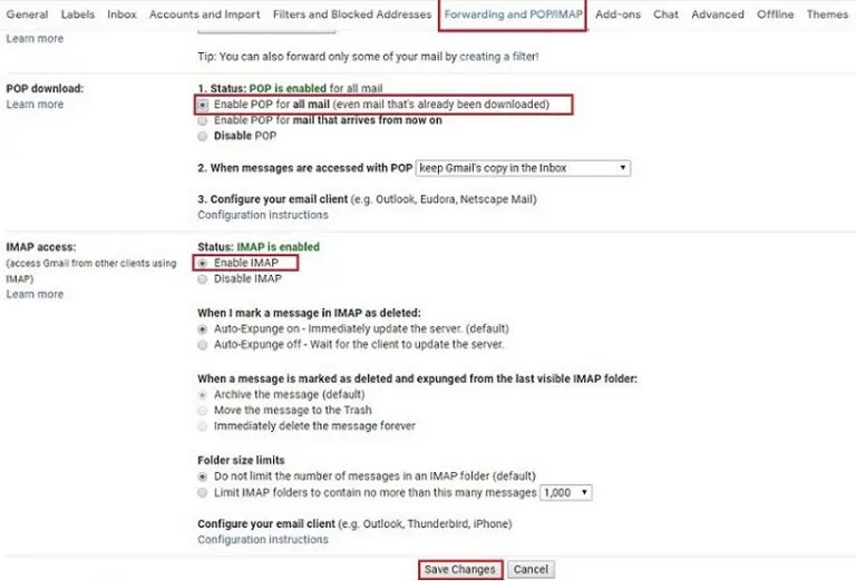 gmail forwarding and pop imap