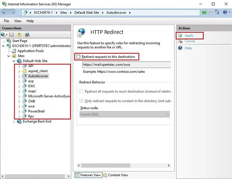 iis manager http redirect action