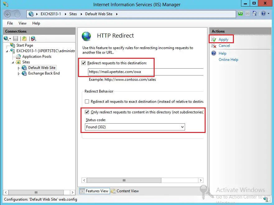 iis manager http redirect URL Redirection Exchange 2013