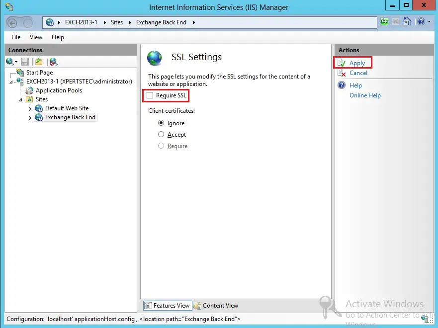 iis manager ssl settings URL Redirection Exchange 2013