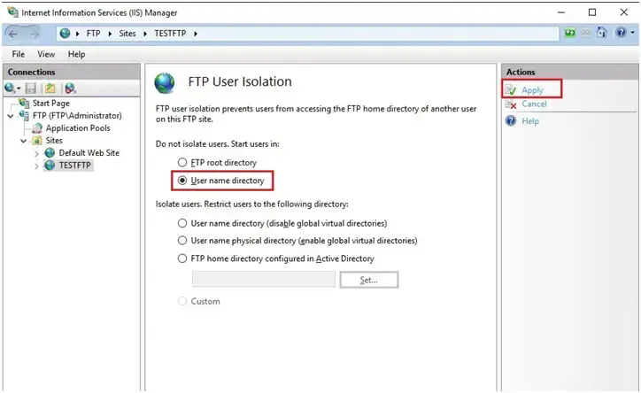 iis manger ftp user isolation